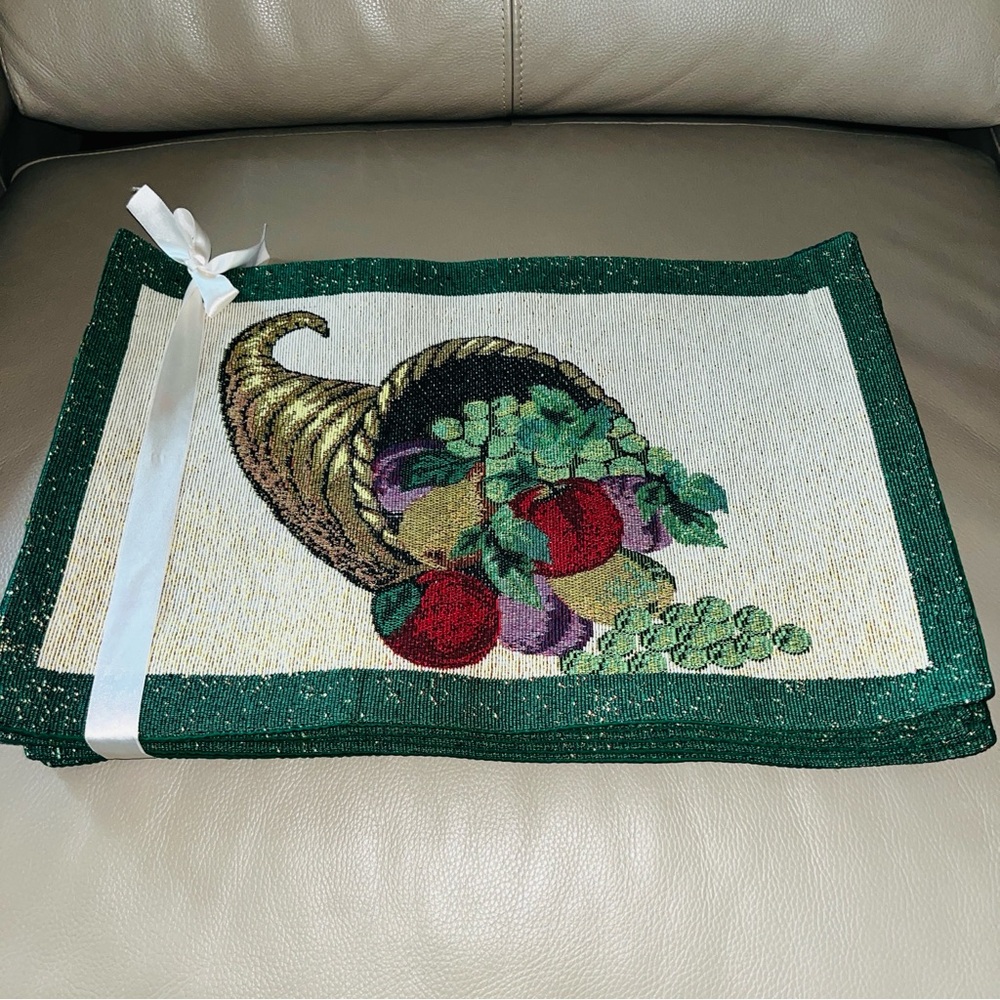 New 8pc PLACEMATS AUTUMN FALL HARVEST CORNUCOPIA THANKSGIVING Green rectangular